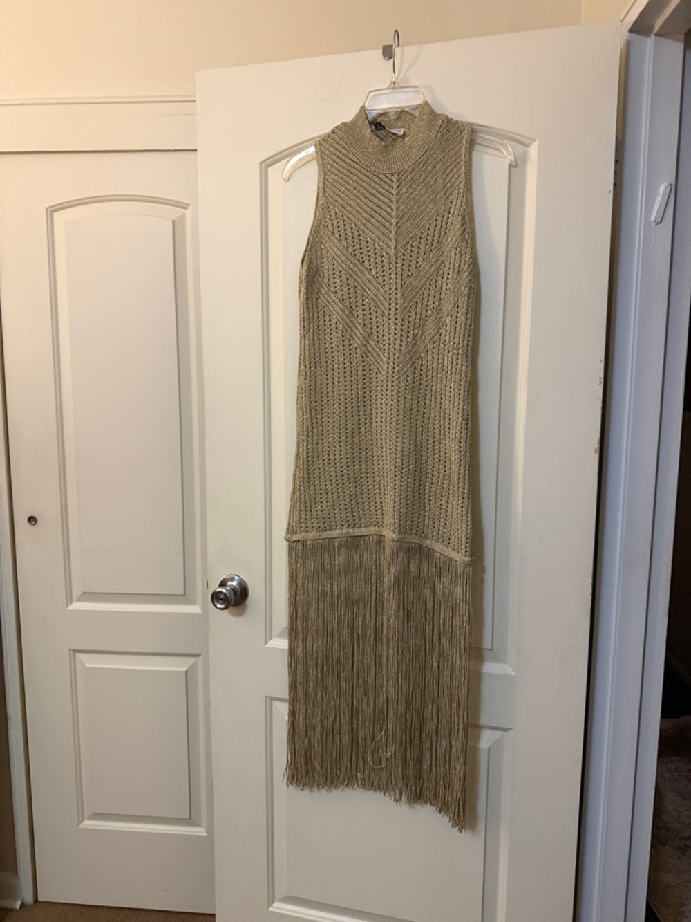 Zara Gold Metallic Sleeveless Fringe Knit Maxi Dress